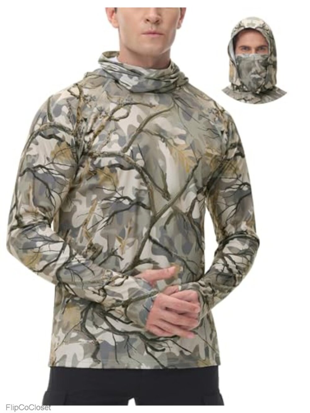 Mens Camo Hunting Shirt UPF 50+ Long Sleeve Hoodie with Mask